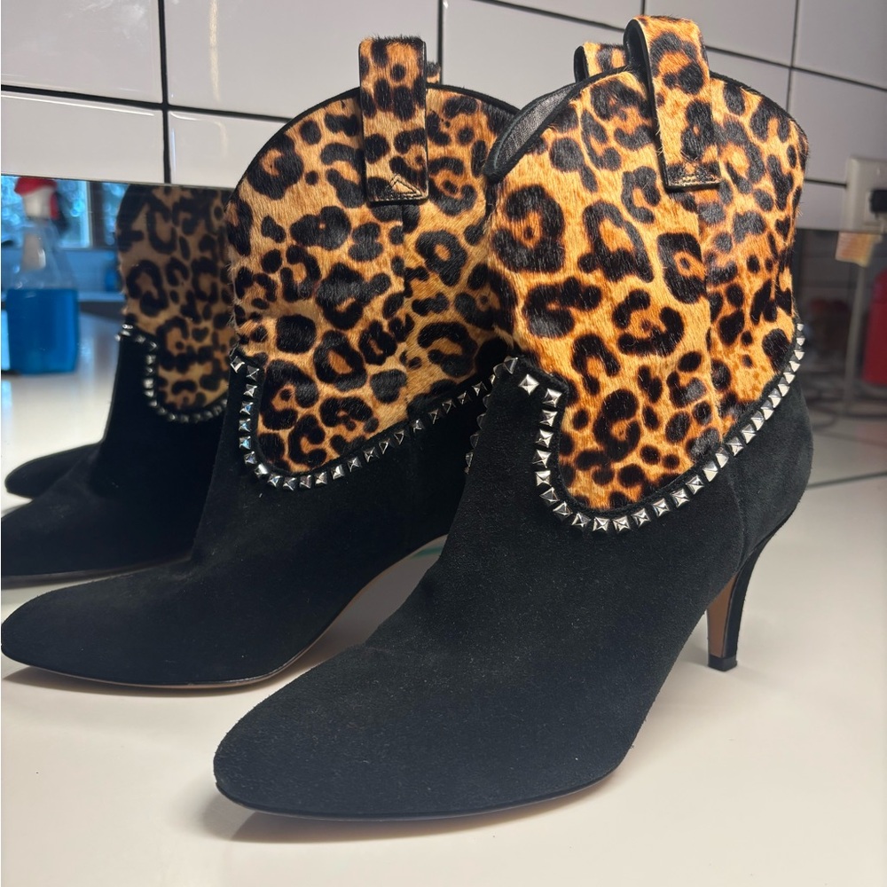 Leopard Print Pony and Black Suede Ankle Boots Western Cowboy Style with Studs